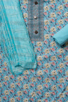 Light Firozi Sequence, Threadwork & Floral Printed Cotton Unstitched Salwar Suit With Cotton Dupatta