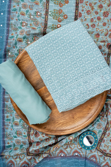 Tea-green Cutwork, Mirror & Threadwork Georgette Unstitched Salwar Suit With Georgette Dupatta