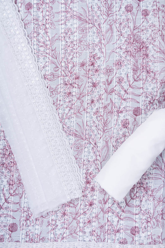 White Gajari Sequence, Threadwork & Floral Printed Georgette Unstitched Salwar Suit With Georgette Dupatta