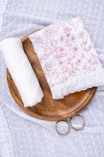 White Gajari Sequence, Threadwork & Floral Printed Georgette Unstitched Salwar Suit With Georgette Dupatta