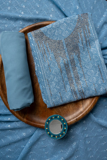 Grey Swarovski & Threadwork Georgette Unstitched Salwar Suit With Georgette Dupatta