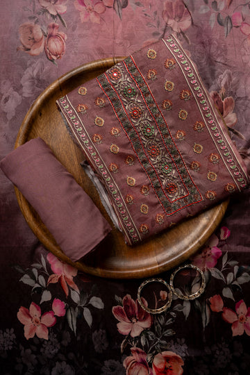 Onion Cutdana, Mirror Sheet, Threadwork & Digital Printed Muslin Unstitched Salwar Suit With Muslin Cotton Dupatta