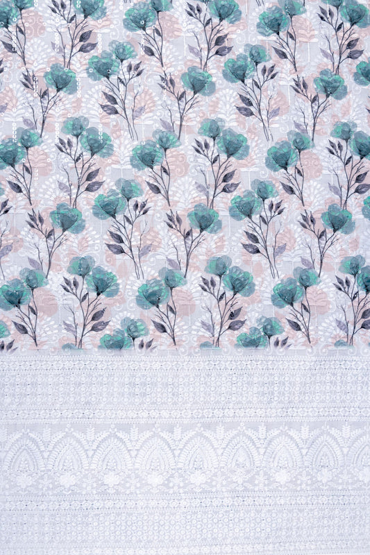White Tea Green Sequence, Threadwork & Floral Printed Cotton Unstitched Salwar Suit With Cotton Dupatta