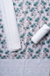 White Tea Green Sequence, Threadwork & Floral Printed Cotton Unstitched Salwar Suit With Cotton Dupatta