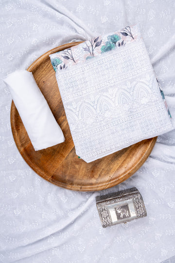 White Tea Green Sequence, Threadwork & Floral Printed Cotton Unstitched Salwar Suit With Cotton Dupatta