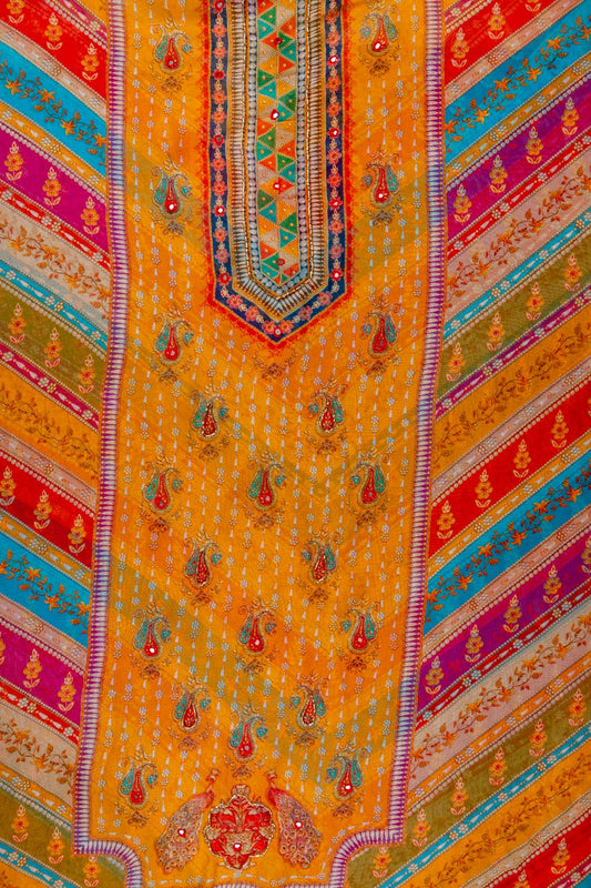 Mustard Cutdana, Mirror Sheet, Threadwork & Floral Printed Organza Unstitched Salwar Suit With Chiffon Dupatta