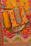 Mustard Cutdana, Mirror Sheet, Threadwork & Floral Printed Organza Unstitched Salwar Suit With Chiffon Dupatta