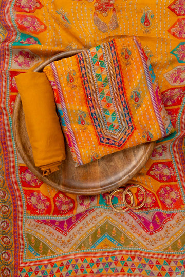 Mustard Cutdana, Mirror Sheet, Threadwork & Floral Printed Organza Unstitched Salwar Suit With Chiffon Dupatta