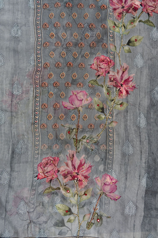 Grey Cutdana, Mirror Sheet, Threadwork & Floral Printed Organza Unstitched Salwar Suit With Chiffon Dupatta