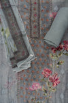 Grey Cutdana, Mirror Sheet, Threadwork & Floral Printed Organza Unstitched Salwar Suit With Chiffon Dupatta