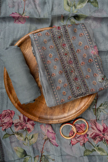Grey Cutdana, Mirror Sheet, Threadwork & Floral Printed Organza Unstitched Salwar Suit With Chiffon Dupatta