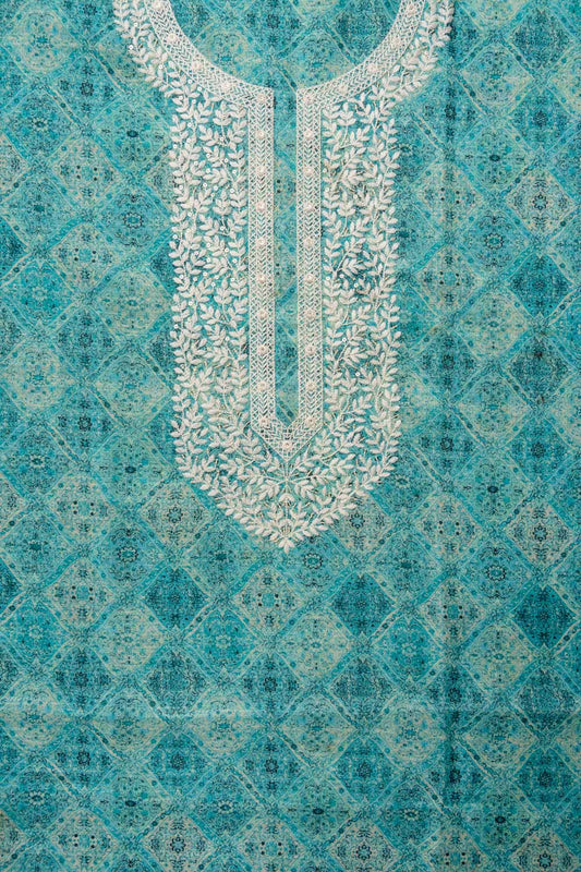 Tea-green Sequence, Threadwork & Digital Printed Cotton Unstitched Salwar Suit With Cotton Dupatta