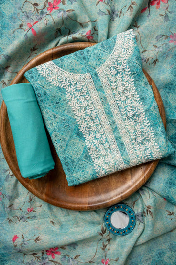 Tea-green Sequence, Threadwork & Digital Printed Cotton Unstitched Salwar Suit With Cotton Dupatta