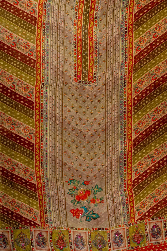 Mehndi Cutdana, Mirror Sheet, Threadwork & Digital Printed Organza Unstitched Salwar Suit With Chiffon Dupatta