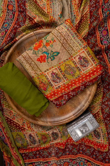 Mehndi Cutdana, Mirror Sheet, Threadwork & Digital Printed Organza Unstitched Salwar Suit With Chiffon Dupatta