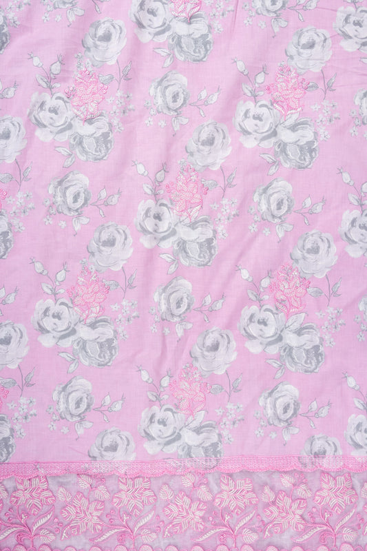 Pink Sequence, Threadwork & Floral Printed Cotton Unstitched Salwar Suit With Cotton Dupatta