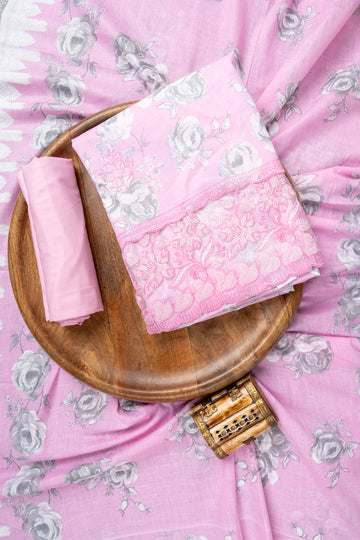 Pink Sequence, Threadwork & Floral Printed Cotton Unstitched Salwar Suit With Cotton Dupatta