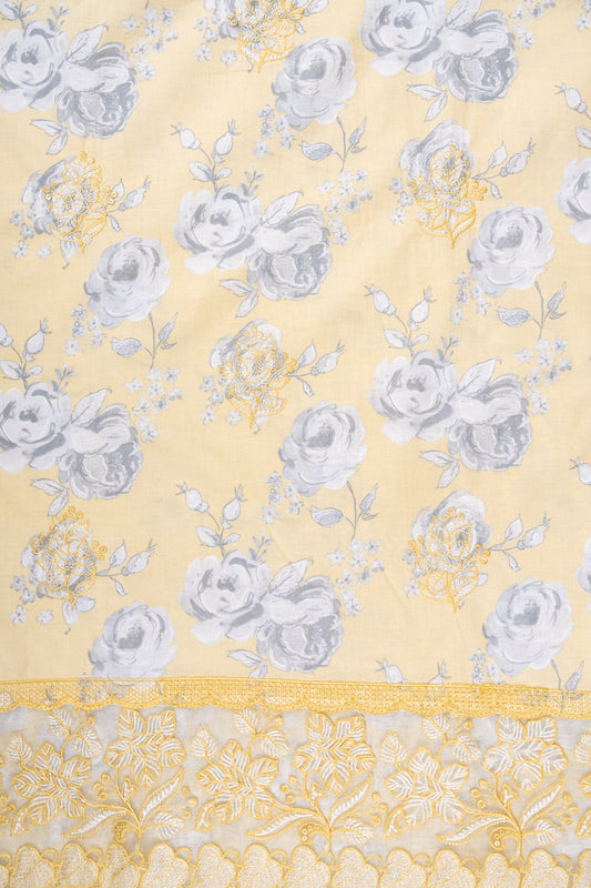 Lemon Gold Sequence, Threadwork & Floral Printed Cotton Unstitched Salwar Suit With Cotton Dupatta