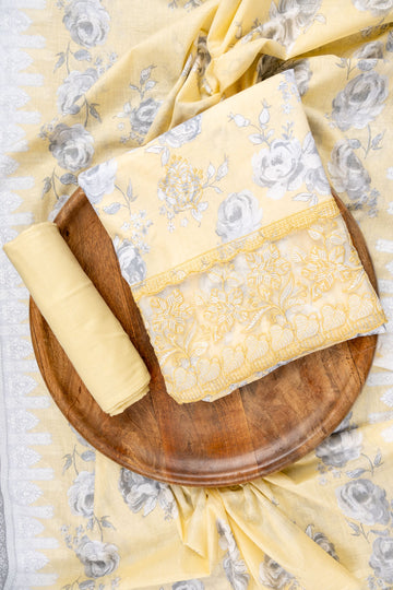 Lemon Gold Sequence, Threadwork & Floral Printed Cotton Unstitched Salwar Suit With Cotton Dupatta