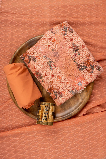 Peach Cutwork, Sequence, Threadwork & Digital Printed Georgette Unstitched Salwar Suit With Georgette Dupatta