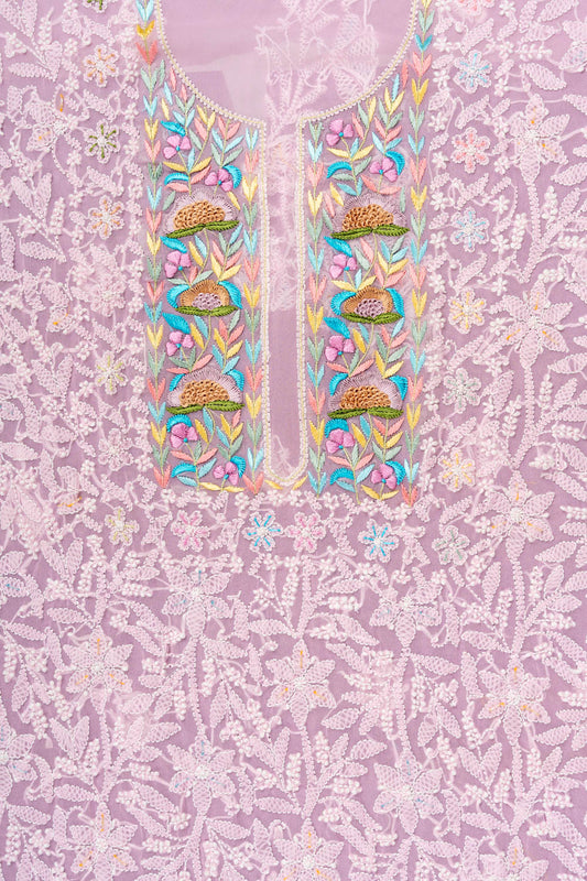 Pink Threadwork Georgette Unstitched Salwar Suit With Georgette Dupatta