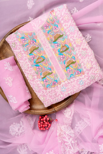 Pink Threadwork Georgette Unstitched Salwar Suit With Georgette Dupatta