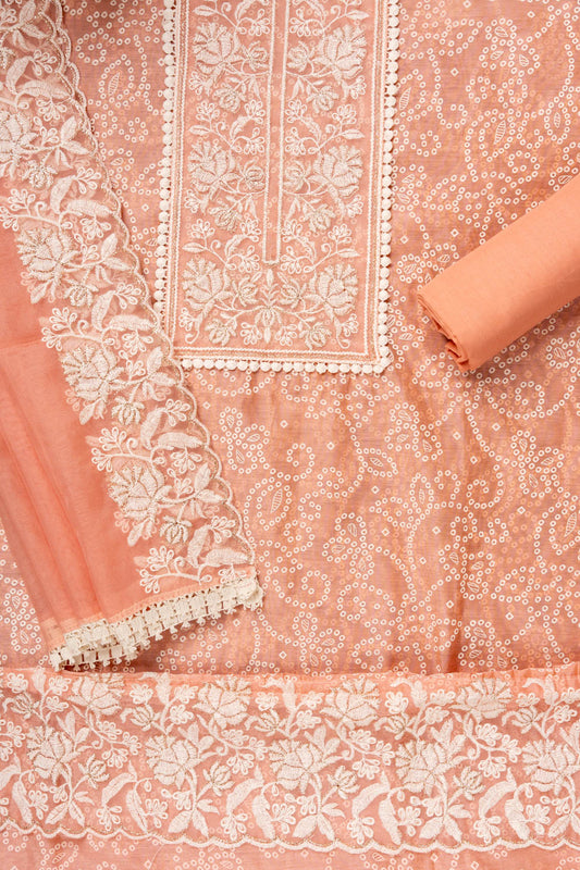 Peach Sequence, Threadwork & Bandhini Printed Chanderi Cotton Unstitched Salwar Suit With Organza Dupatta