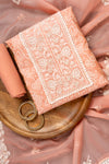 Peach Sequence, Threadwork & Bandhini Printed Chanderi Cotton Unstitched Salwar Suit With Organza Dupatta
