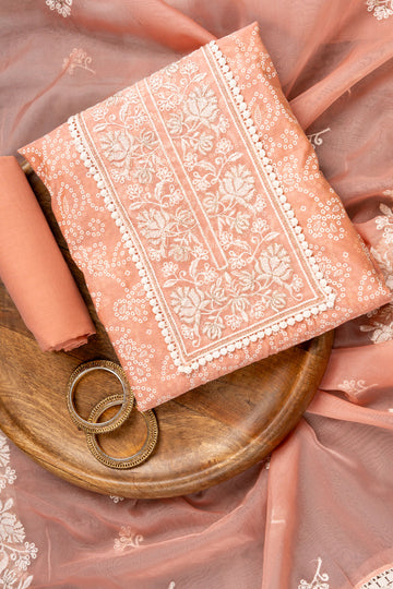 Peach Sequence, Threadwork & Bandhini Printed Chanderi Cotton Unstitched Salwar Suit With Organza Dupatta
