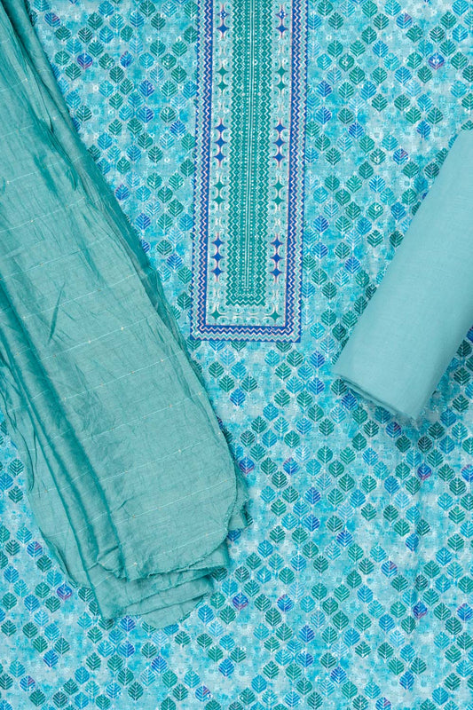Firozi Sequence, Threadwork & Digital Printed Cotton Unstitched Salwar Suit With Cotton dupatta