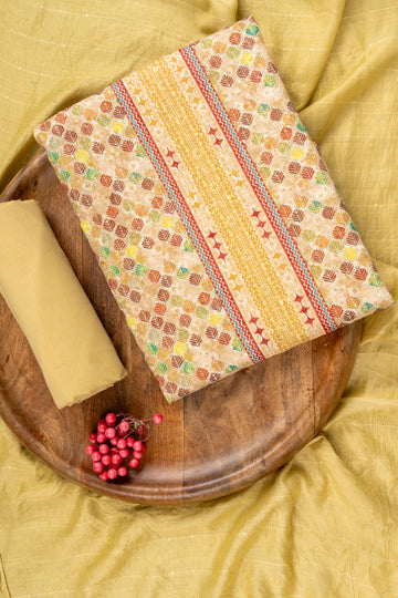 Lemon Gold Sequence, Threadwork & Digital Printed Cotton Unstitched Salwar Suit With Cotton dupatta