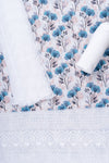 White Blue Sequence, Threadwork & Floral Printed Cotton Unstitched Salwar Suit With Cotton Dupatta