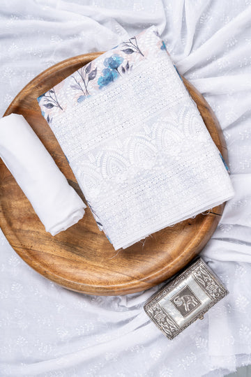 White Blue Sequence, Threadwork & Floral Printed Cotton Unstitched Salwar Suit With Cotton Dupatta