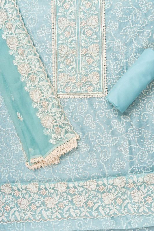 Tea-green Sequence, Threadwork & Bandhini Printed Chanderi Cotton Unstitched Salwar Suit With Organza Dupatta