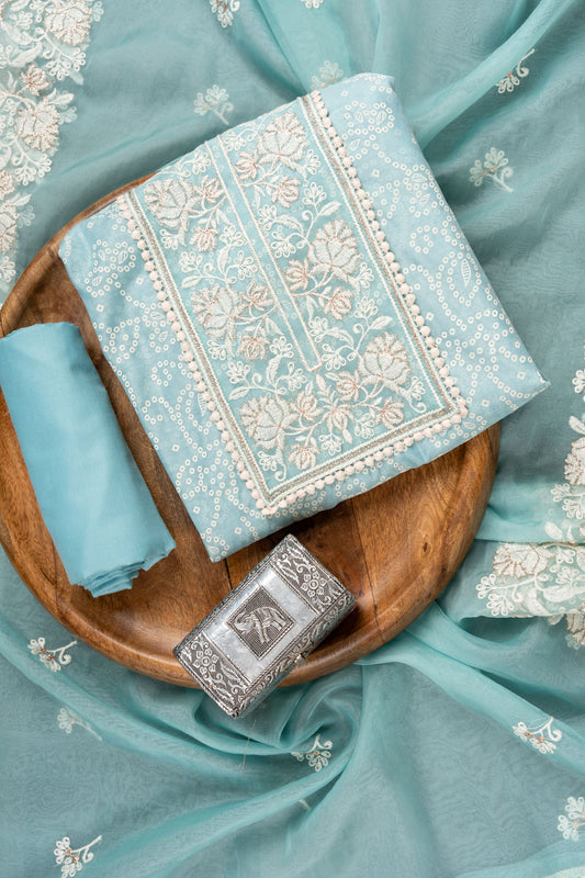 Tea-green Sequence, Threadwork & Bandhini Printed Chanderi Cotton Unstitched Salwar Suit With Organza Dupatta