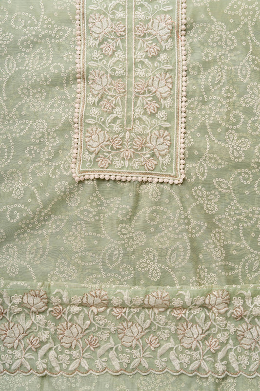 Pista Sequence, Threadwork & Bandhini Printed Chanderi Cotton Unstitched Salwar Suit With Organza Dupatta