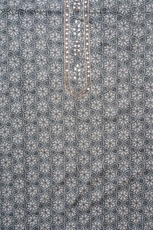 Grey Mirror, Threadwork & Floral Printed Cotton Unstitched Salwar Suit With Cotton Dupatta