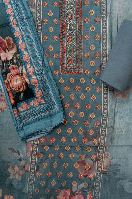 Grey Cutdana, Mirror Sheet, Threadwork & Digital Printed Muslin Unstitched Salwar Suit With Muslin Cotton Dupatta