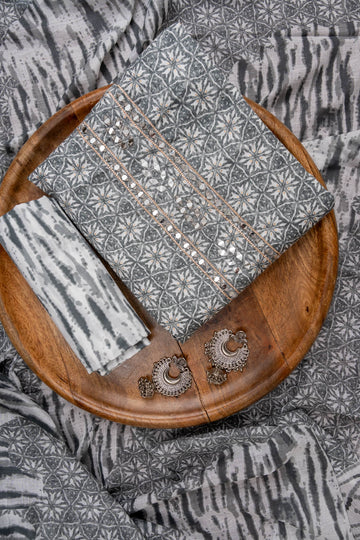 Grey Mirror, Threadwork & Floral Printed Cotton Unstitched Salwar Suit With Cotton Dupatta