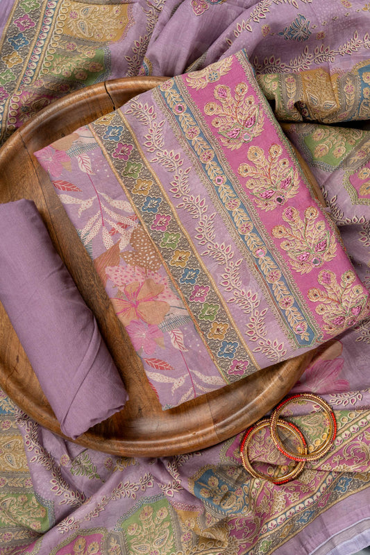 Mauve Swarovski, Mirror, Threadwork & Digital Printed Georgette Unstitched Salwar Suit With Georgette Dupatta
