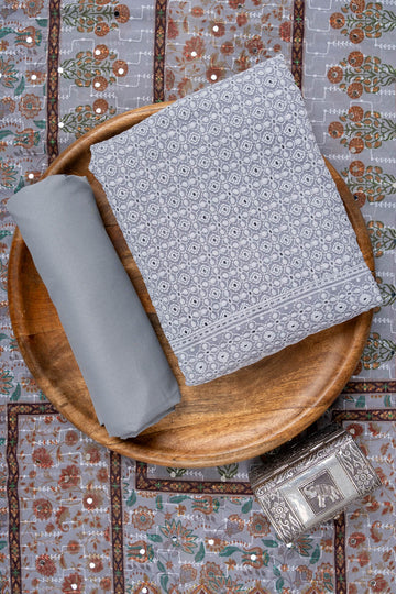 Grey Cutwork, Mirror & Threadwork Georgette Unstitched Salwar Suit With Georgette Dupatta