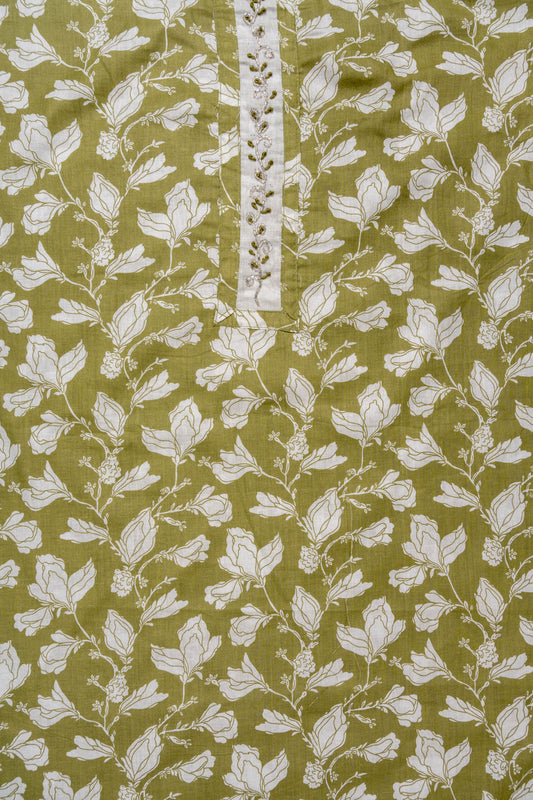 Pista Cutdana, Sequence, Threadwork & Floral Printed Cotton Unstitched Salwar Suit With Cotton Dupatta