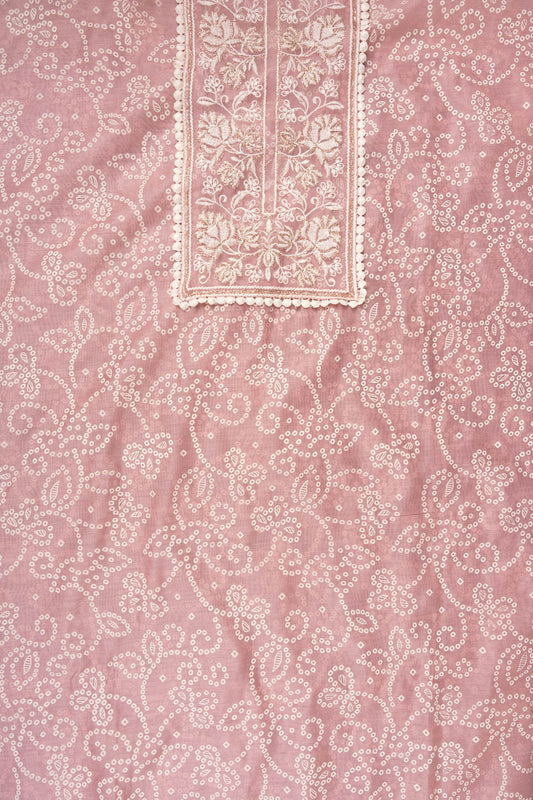 Gajari Sequence, Threadwork & Bandhini Printed Chanderi Cotton Unstitched Salwar Suit With Organza Dupatta