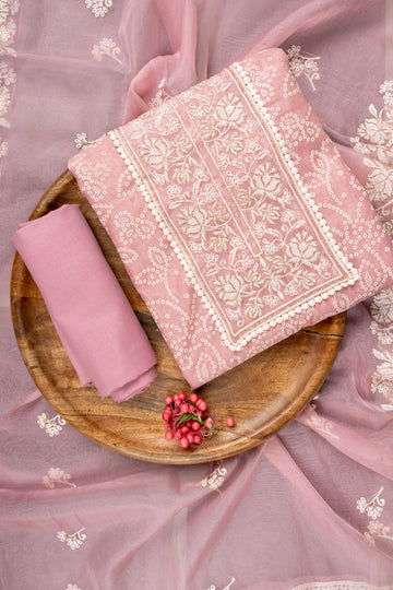 Gajari Sequence, Threadwork & Bandhini Printed Chanderi Cotton Unstitched Salwar Suit With Organza Dupatta