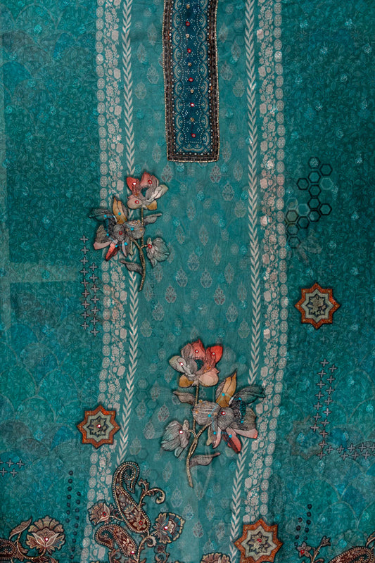 Rama Cutdana, Mirror Sheet, Threadwork & Digital Printed Organza Unstitched Salwar Suit With Chiffon Dupatta