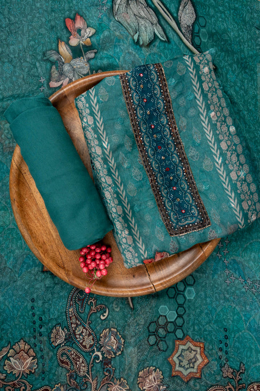 Rama Cutdana, Mirror Sheet, Threadwork & Digital Printed Organza Unstitched Salwar Suit With Chiffon Dupatta