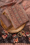 Brown Cutdana, Mirror Sheet, Threadwork & Digital Printed Muslin Unstitched Salwar Suit With Muslin Cotton Dupatta