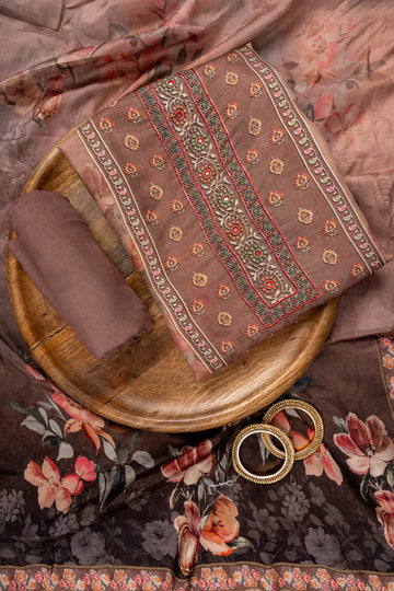 Brown Cutdana, Mirror Sheet, Threadwork & Digital Printed Muslin Unstitched Salwar Suit With Muslin Cotton Dupatta