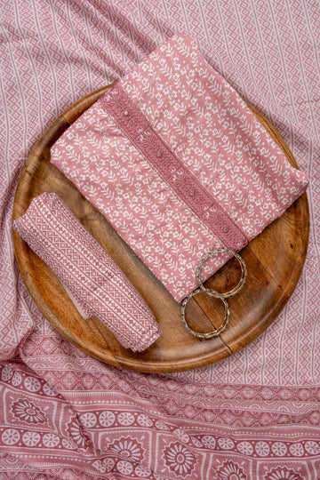 Gajari Threadwork & Floral Printed Cotton Unstitched Salwar Suit With Cotton Dupatta