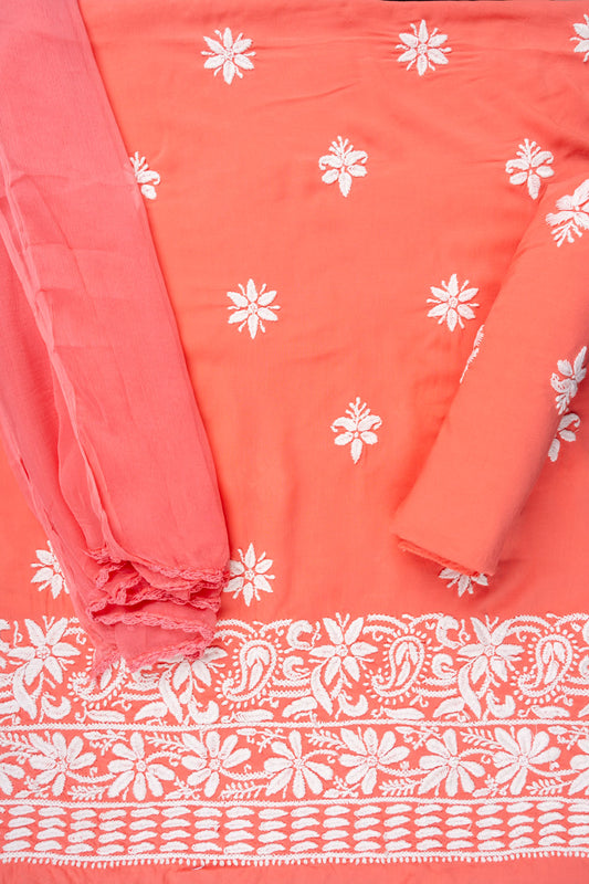 Coral Threadwork Cotton Unstitched Salwar Suit With Chiffon Dupatta
